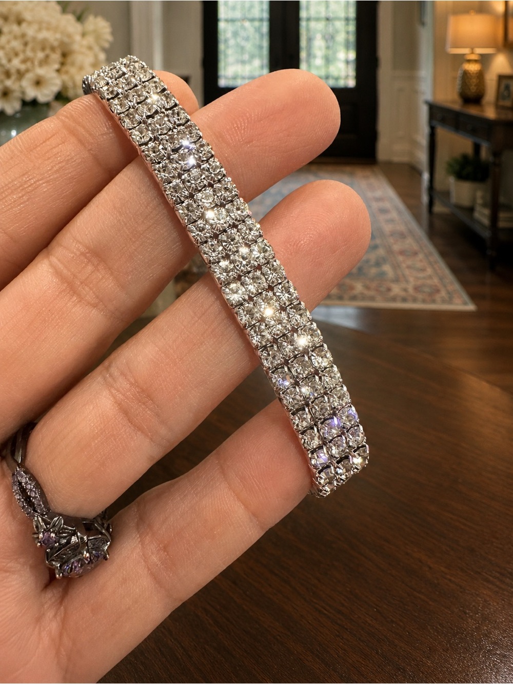 Sparkling Silver-Tone Three-Row Crystal Bracelet